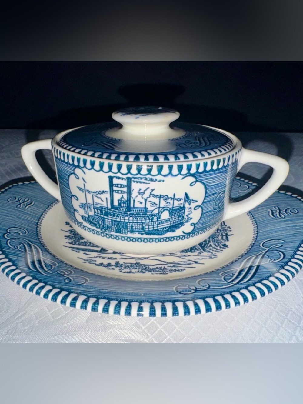 SOLD! -Currier & Ives Blue & White Sugar Bowl w/ Lid & Plate – Vintage - Picture 2 of 14